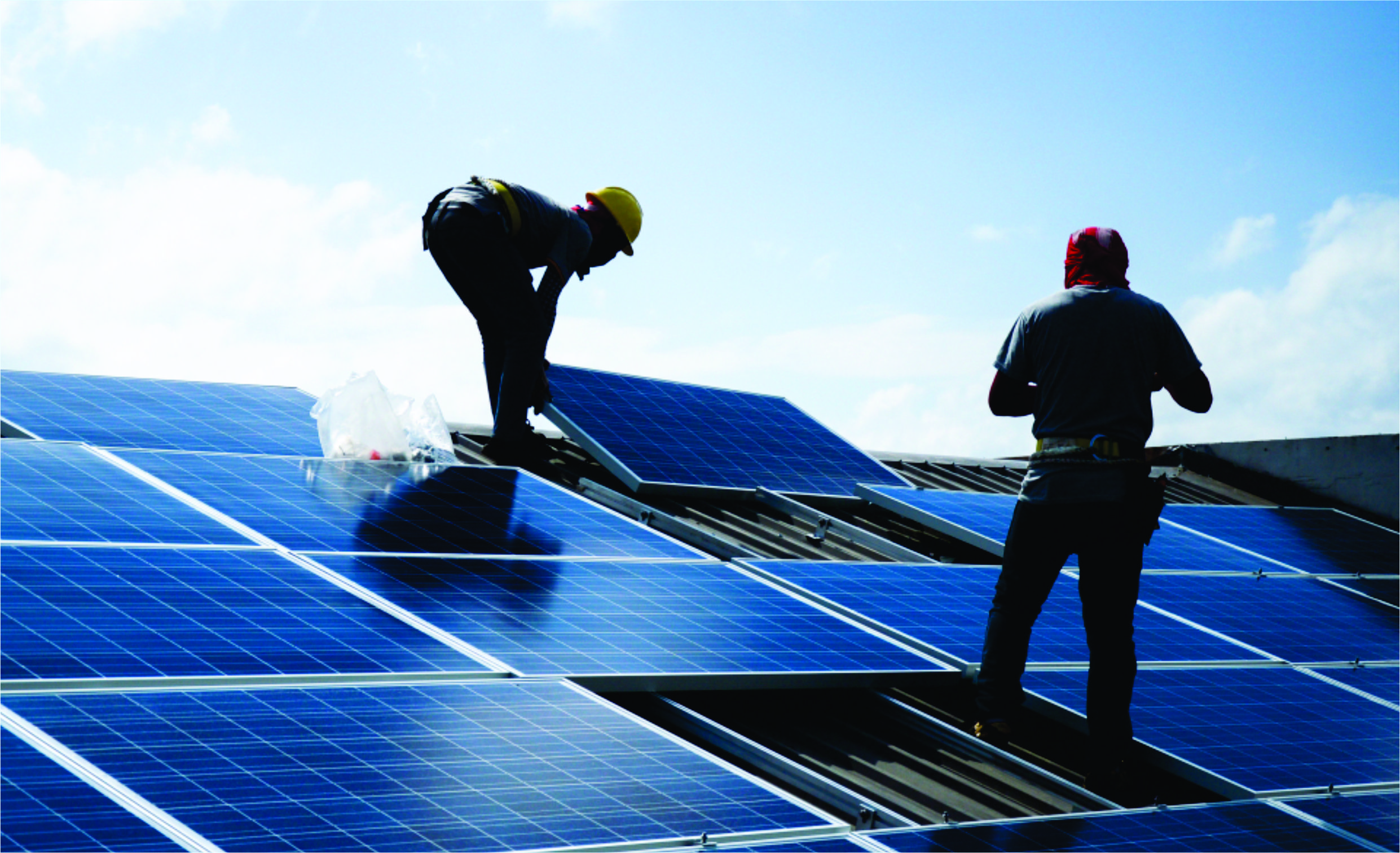 Worker in high-vis gear inspecting solar panels on a solar farm